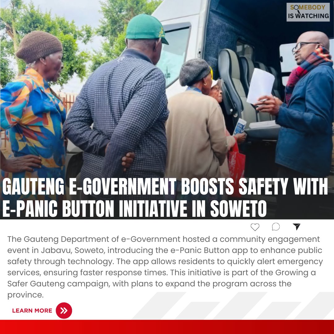 siwnews's tweet photo. [READ] Gauteng e-Government enhances safety in Soweto with the launch of the e-Panic Button app, providing quick access to emergency services. @GautengProvince #ePanicButton #SafetyFirst #GautengTech #siwnews https://t.co/B5NHjziPaE