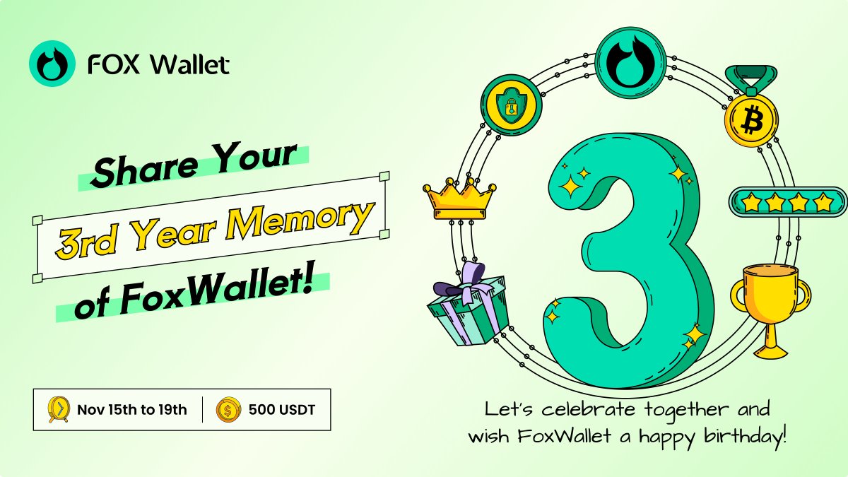 FoxWallet's tweet photo. 🥳@FoxWallet Turned 3!🎂 
We're thrilled to announce that FoxWallet has completed its remarkable 3rd year!

📅From Nov 15th to 19th, share your memory of FoxWallet in image, text, or article on X using the hashtag #FoxWallet3rdYear for a chance to split 500 USDT!

👏Let's celebrate together and wish #FoxWallet a Happy Birthday! #BirthdayCelebration