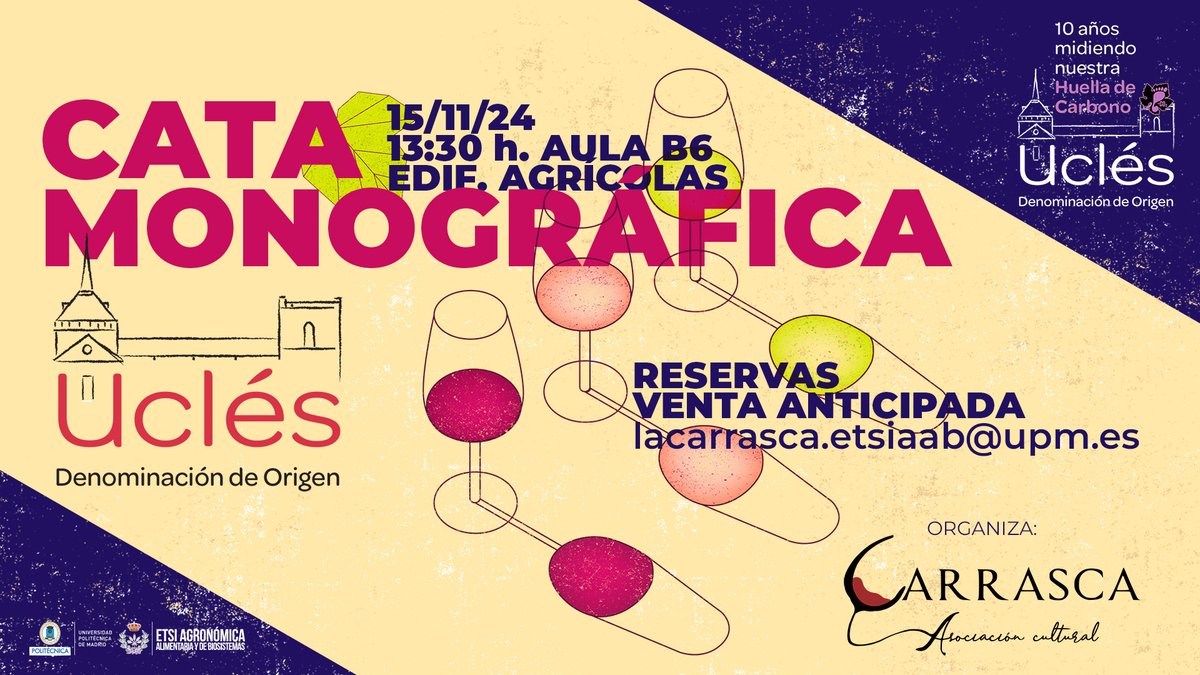 #Hoy |🍷Cata monográfica de 'La Carrasca ' 🍷 organizada en colaboración con la <a href="/VinosdeUcles/">Denominación de Origen Uclés</a>. 

Viernes 15 de noviembre, a las 13:30, en el aula B6 del edificio Agrícolas.

etsiaab.upm.es/Centro/Gabinet… 

<a href="/lacarrasca/">La Carrasca</a>