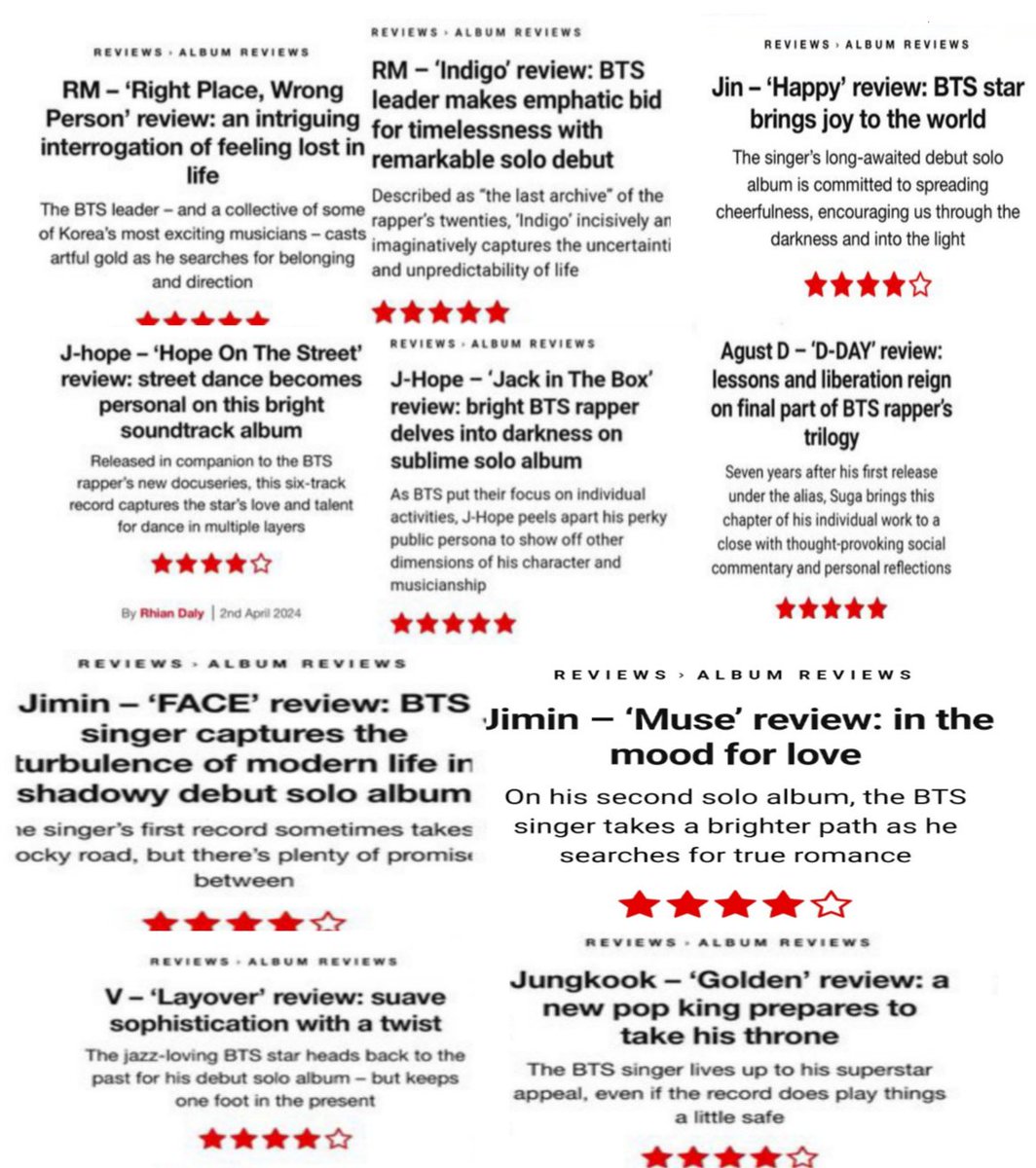 mhereonlyforbts's tweet photo. NME Rating for BTS solo albums:

RM
Indigo ⭐⭐⭐⭐⭐
RPWP ⭐⭐⭐⭐⭐

Jin
HAPPY ⭐⭐⭐⭐

Suga
D-Day ⭐⭐⭐⭐⭐

Jhope
JITB ⭐⭐⭐⭐⭐
HOTS ⭐⭐⭐⭐

Jimin
Face ⭐⭐⭐⭐
MUSE ⭐⭐⭐⭐

V
Layover ⭐⭐⭐⭐

Jungkook
Golden⭐⭐⭐⭐

SO PROUD OF THEM🥹🫶 https://t.co/tDkViNcANl