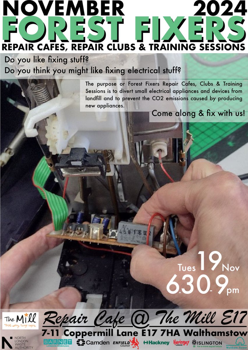 Tues_19thNov_6:30–9:30pm #RepairCafé @TheMill17 drop-in with yr broken gadget+watch it getting fixed!
ForestFixers@gmail.com
<a href="/continuumtoon/">Sean Rodrigo - Continuum Immersive Artist</a>
<a href="/keepbritain/">#SNPout</a>
<a href="/theteamrepair/">Team Repair</a>
<a href="/RecycleFYC/">RecycleFYC</a>
<a href="/connectNLWA/">North London Waste Authority</a>
<a href="/Walthamstowtown/">Walthamstow Town</a>
<a href="/stowlabour/">Walthamstow Labour Party</a>
<a href="/for_wfw/">Working For Our Wellbeing</a>
<a href="/our_wf/">Waltham Forest Communities & Participation Team</a>
<a href="/RestartProject/">The Restart Project</a>
<a href="/ReLondon_UK/">ReLondon</a>
<a href="/recycle_now/">Recycle Now</a>