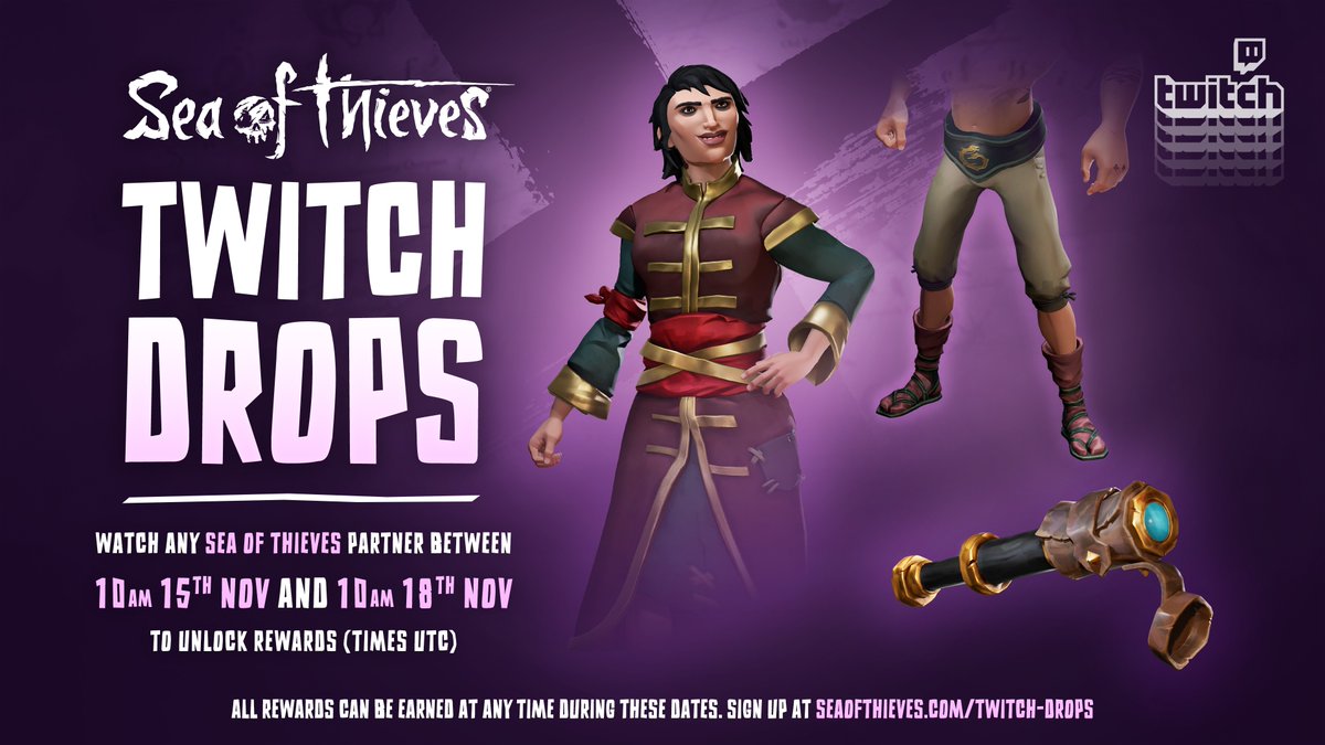 SeaOfThieves's tweet photo. Twitch Drops are live. Watch a SoT Partner for one hour per item before November 18th, 10am UTC:

🍺 Stalwart Sea Dog Spyglass
🪢 Eastern Winds Ruby Belt
👢 Eastern Winds Ruby Boots
👗 Eastern Winds Ruby Dress

🔗 Details: https://t.co/9pcjerqjN0 https://t.co/WEm4ODLQVb