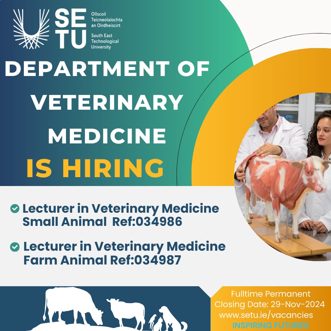 AgricultureSETU (Waterford) (@setuagriculture) on Twitter photo Exciting Opportunity Alert! <a href="/SETUIreland/">South East Technological University</a> is seeking to recruit suitable candidates for two Veterinary Lecturer positions! Are you passionate about advancing veterinary education and being part of our new vet school? Check out SETU for more info setu.ie/vacancies Exciting Opportunity Alert! <a href="/SETUIreland/">South East Technological University</a> is seeking to recruit suitable candidates for two Veterinary Lecturer positions! Are you passionate about advancing veterinary education and being part of our new vet school? Check out SETU for more info setu.ie/vacancies