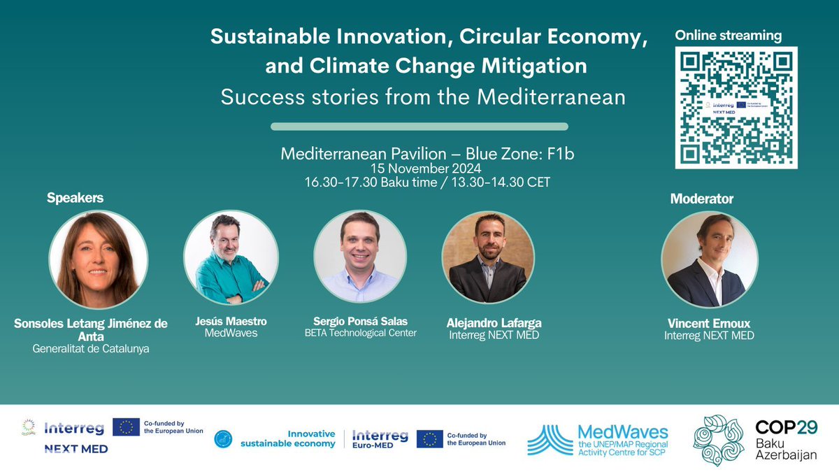 📣Today at #COP29 "Sustainable Innovation Economies: Success stories from the Mediterranean".  
🎯How sustainable eco-innovations, focused on decarbonization and reduced material consumption, can be harnessed through the 4-ple helix model.  

🗓️13:30 CET
📺rb.gy/22ptb4