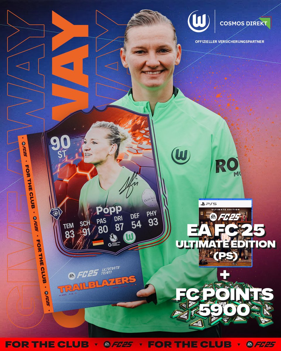 🚨GEWINNSPIEL🚨
Ihr habt mit @cosmosdirekt die Chance die signierte <a href="/alexpopp11/">Alex Popp</a> Trailblazers-Card, eine EA FC 25 Ultimate Edition sowie 5900 FC Points auf Instagram zu gewinnen🤩

Teilnahme und -bedingungen ➡️ vfl.ink/E05gK

#Giveaway #eafc25