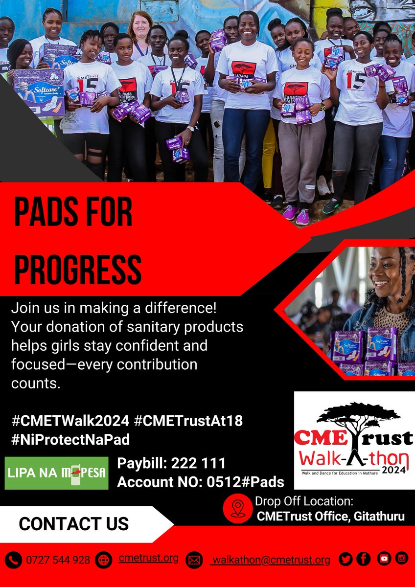 Donate Today, Impact Tomorrow! 

Your contribution to our pad collection can change lives and promote health education in underprivileged communities such as Mathare . Let's empower girls together!

Paybill: 222111
A/c: 0512#Pads

#NiProtectNaPad #CMETWalk2024 #CMETrustAt18