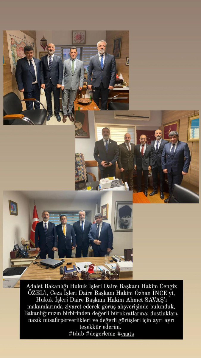 Adalet Bakanlığı Hukuk İşleri Daire Başkanı Hakim Cengiz ÖZEL'i, Ceza İşleri Daire Başkanı Hakim Özhan İNCE'yi, Hukuk İşleri Daire Başkanı Hakim Ahmet SAVAŞ'ı makamlarında ziyaret ederek görüş alışverişinde bulunduk. #tdub #degerleme #caats