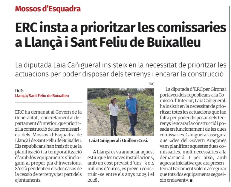 erc_fedgirona's tweet photo. 📢 Instem a @interiorcat que prioritzi les comissaries de @mossos de Llançà i Sant Feliu de Buixalleu

💬 @laia_co: "Si l'objectiu és tenir 22.000 efectius de Mossos d'Esquadra l'any 2030, hem d'assegurar i planificar els equipaments que necessitem".

https://t.co/B7cQFtjVDa https://t.co/IolPeaJukH