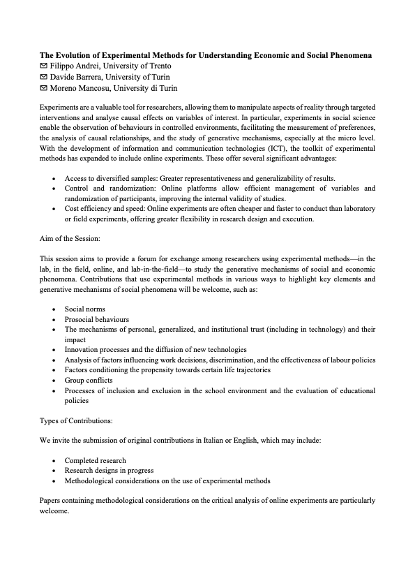 FILIPPOANDREI's tweet photo. SISEC Conference – The evolution of experimental methods for understanding economic and social Phenomena

⏳  Last day to submit your abstract! The deadline is today for the  upcoming SISEC conference, which will take place in Pavia from January  29 to February 1, 2025. https://t.co/bbG93jFmJU