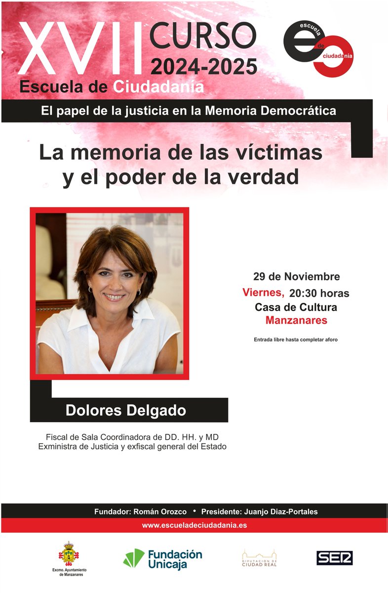 El próximo 29 de noviembre hablaremos del papel de la justicia en la #MemoriaDemocrática con Dolores Delgado.

Es Fiscal de Sala de Derechos Humanos y Memoria Democrática. Ha sido Ministra de Justicia y Fiscal General del Estado.