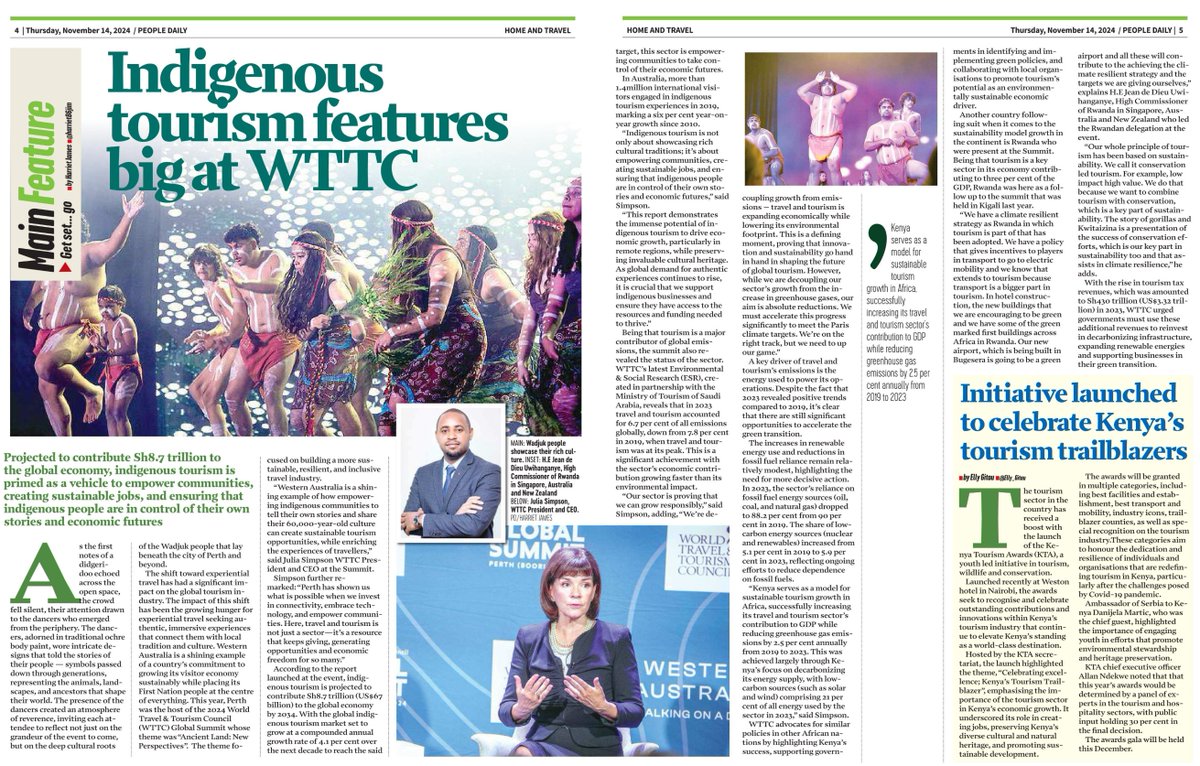 AusHCKenya's tweet photo. Indigenous tourism is projected to contribute $67 billion to the global economy by 2034, according to @WTTC who held their annual summit in Perth 🇦🇺. 

@harriet86jim explores the importance of Indigenous tourism in 🇦🇺🌍in this week's @PeopleDailyKe.

👉https://t.co/n4PArZcPFd https://t.co/Hd3tJVoKSA