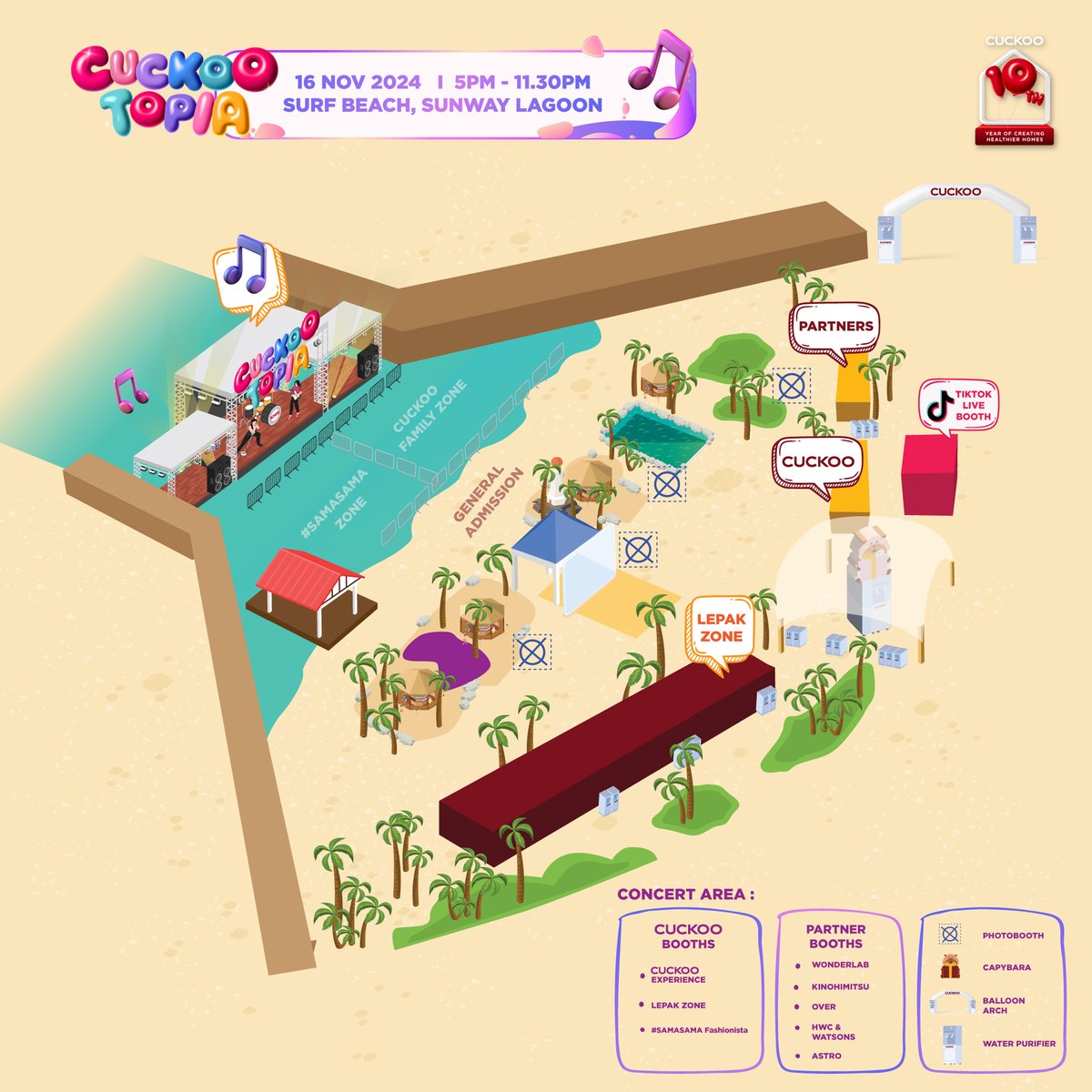 🗺️ Your Guide to CUCKOOTOPIA! ✨

Use this map to locate the concert area, partner booths, and all the fun! 🎉

Reminder: BRT operates until 12 AM, 17 Nov 🚉

See you tomorrow! 🥰

#CUCKOO10thAnniversary
#CUCKOOTOPIA
#SAMASAMAHealthier