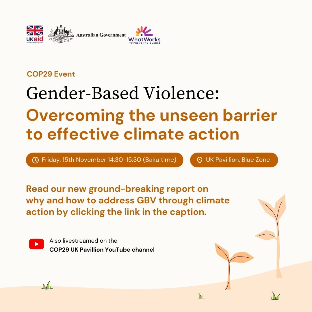 What Works II (@ww2preventvawg) on Twitter photo Starting soon at #COP29!⏰
Join us, <a href="/FCDOGender/">#RightsFreedomPotential</a> <a href="/AnnelieseDodds/">Anneliese Dodds</a>, <a href="/dfat/">Department of Foreign Affairs and Trade 🇦🇺</a> <a href="/AusAmbClimate/">Ambassador for Climate Change</a>, <a href="/BadabonS/">Badabon Sangho</a>, <a href="/STPCoalitionPac/">Shifting the Power Coalition</a> and <a href="/IUCN/">IUCN</a> to discuss why tackling GBV is critical to effective climate action.
Watch live here: youtube.com/live/Eyw2wwl_G… Starting soon at #COP29!⏰
Join us, <a href="/FCDOGender/">#RightsFreedomPotential</a> <a href="/AnnelieseDodds/">Anneliese Dodds</a>, <a href="/dfat/">Department of Foreign Affairs and Trade 🇦🇺</a> <a href="/AusAmbClimate/">Ambassador for Climate Change</a>, <a href="/BadabonS/">Badabon Sangho</a>, <a href="/STPCoalitionPac/">Shifting the Power Coalition</a> and <a href="/IUCN/">IUCN</a> to discuss why tackling GBV is critical to effective climate action.
Watch live here: youtube.com/live/Eyw2wwl_G…