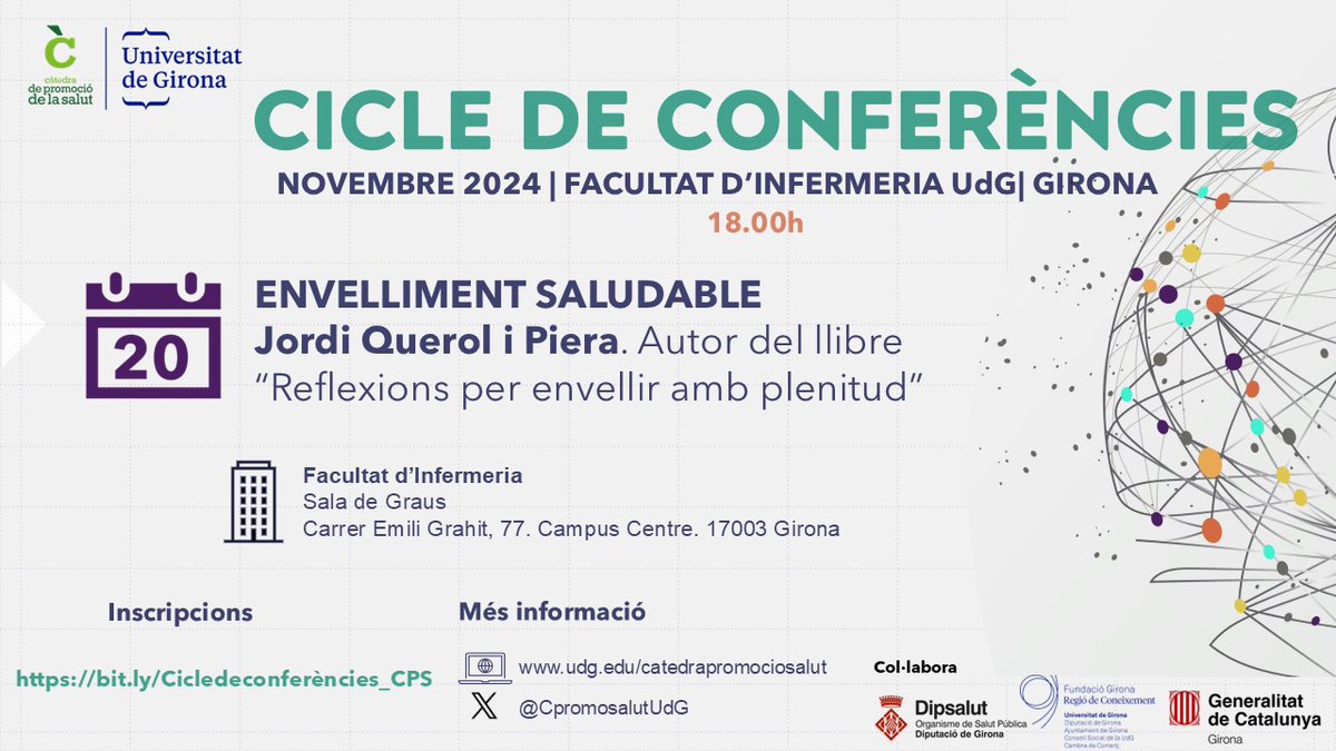 Càtedra de Promoció de la Salut. UdG (@cpromosalutudg) on Twitter photo 📌La segona Conferència del nostre #cicledeconferències tractarà sobre envelliment saludable. Comptarem amb 🗣️Jordi Querol i Piera
📆20/11
⏳18.00h
📍Sala de Graus. <a href="/UdGInfermeria/">Facultat Infermeria</a>
Inscripció gratuïta ➡️bit.ly/Cicledeconferè…
Us hi esperem!
#envelliment #salut 📌La segona Conferència del nostre #cicledeconferències tractarà sobre envelliment saludable. Comptarem amb 🗣️Jordi Querol i Piera
📆20/11
⏳18.00h
📍Sala de Graus. <a href="/UdGInfermeria/">Facultat Infermeria</a>
Inscripció gratuïta ➡️bit.ly/Cicledeconferè…
Us hi esperem!
#envelliment #salut