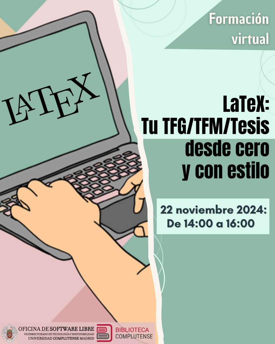 BComplutense's tweet image. ¡300 plazas cubiertas!, batimos el récord de inscritos con la 4ª edición del curso LaTeX: tu TFG/TFM/Tesis desde 0 y con estilo, impartido por @Pascal_UCM de @oteaucm
Volvemos a abrir inscripción con otras 100 plazas: i.mtrbio.com/lckpfmencv
#BibliotecaComplutense #FormaciónBUC