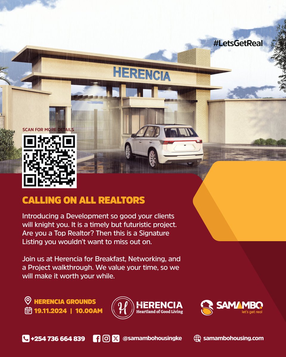 Are you a Top Realtor?
Join us at Herencia for Breakfast, Networking, and a Project walkthrough. We value your time, so we will make it worth your while.
RSVP: shorturl.at/jhhAh
#realestateagent #nairobi #kenya #diaspora #investment #home #thika #samambohousing #Herencia