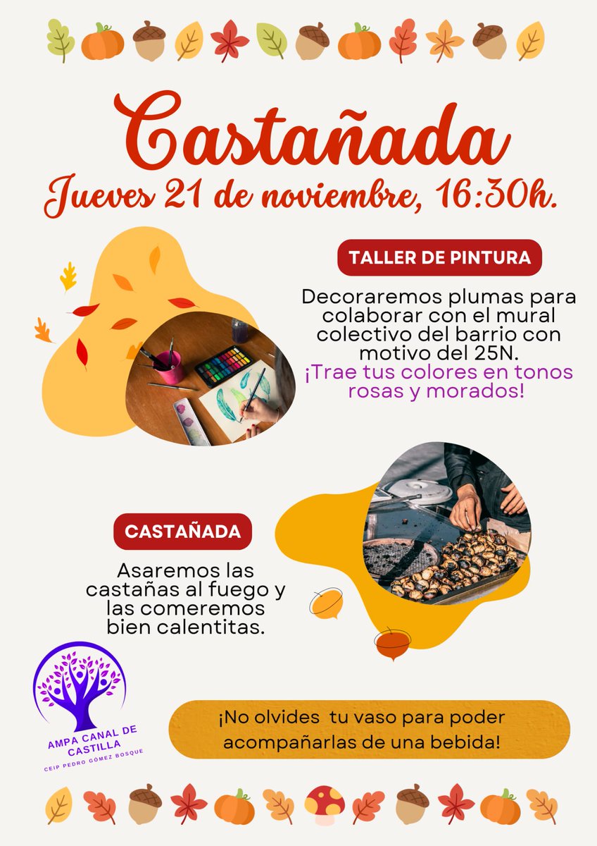 🎉 ¡La castañada ya está aquí! 🌰✨
Te esperamos en el cole para celebrar juntos una tarde llena de tradición, castañas asadas, música y diversión. 🎶🔥

¡No faltes, será un evento inolvidable para toda la familia! 🍁👨‍👩‍👧‍👦 #Castañada2024 #TradicionesQueUnen