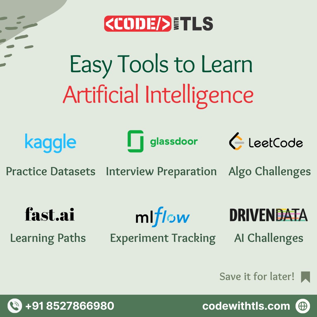 codewithtls's tweet image. &quot;Master AI effortlessly with top tools—enroll in @codewithtls  and elevate your skills today!&quot;

Call us at +91 8527866980
 codewithtls.com

#ArtificialIntelligence #MachineLearning #LearnAI #AICommunity #DataScience #TechEducation #CodingLife #FutureSkills