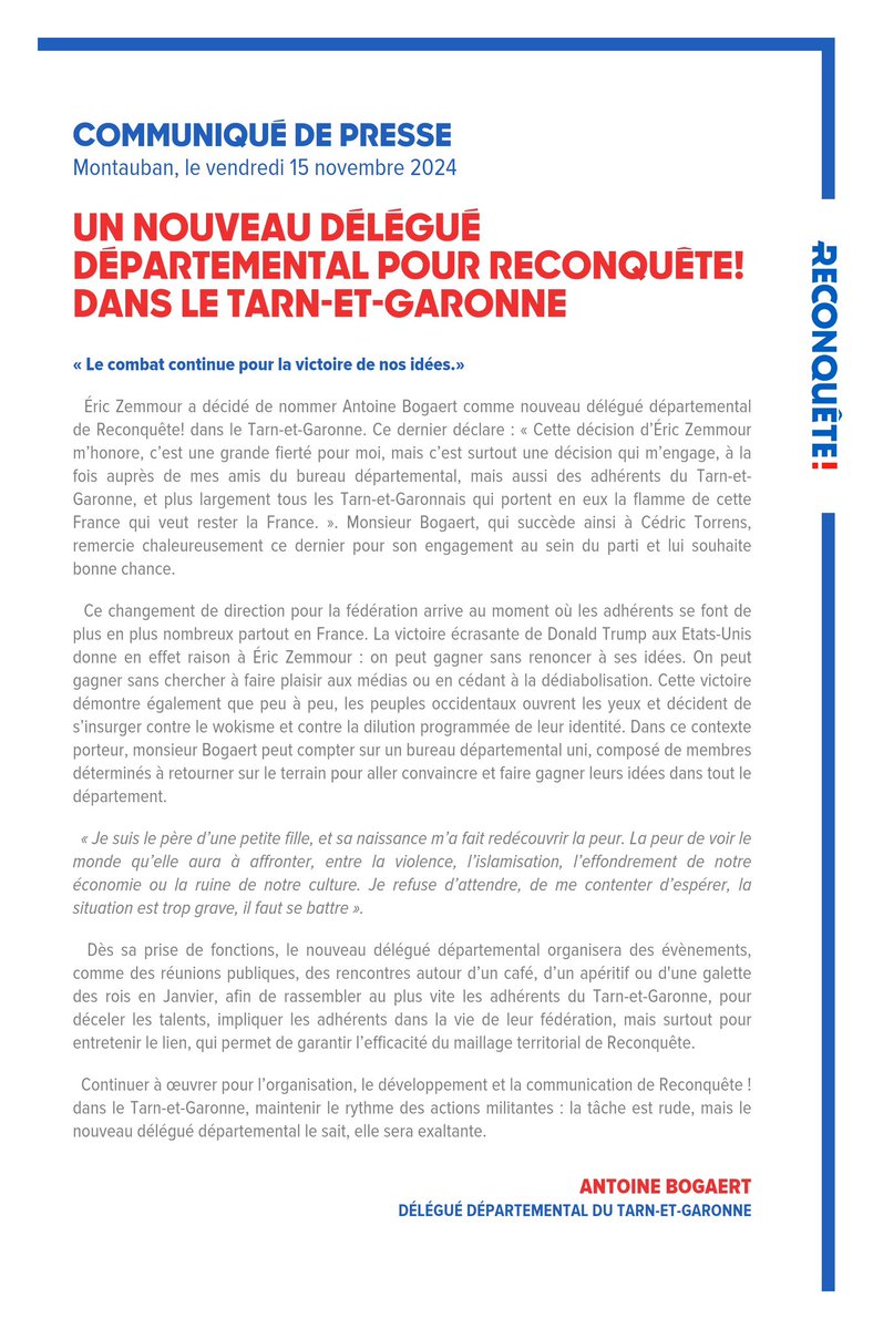 AntoineBogaert's tweet photo. J’ai l’honneur de vous annoncer que @ZemmourEric m’a appelé pour m’informer de ma nomination comme nouveau délégué départemental de Reconquête! du Tarn-et-Garonne. 🇫🇷🌿 https://t.co/gak4nk8l3a