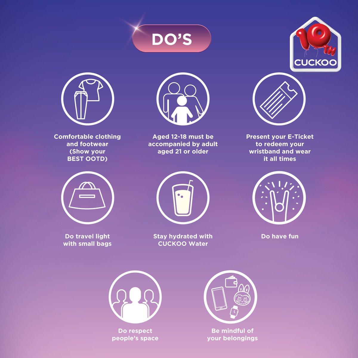 🦺✨ Stay Safe &amp; Have Fun at CUCKOOTOPIA!

Check out the list of prohibited items to breeze through the entrance and enjoy an epic music fest! 🎶

Let’s #SAMASAMA make it unforgettable! 🤩

#CUCKOO10thAnniversary #CUCKOOTOPIA #SAMASAMAHealthier