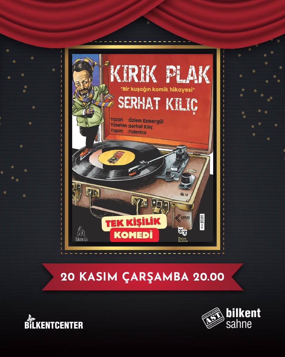 20 Kasım Çarşamba akşamı saat 20.00'de Serhat Kılıç'ın tek kişilik komedi oyunu "Kırık Plak" Bilkent Sahne AST’ta sizlerle! Özlem Esmergül'ünyazdığı, Serhat Kılıç'ın yönettiği ve oynadığı bu eğlenceli hikayede nostaljik bir yolculuğa çıkmaya ve kahkahaya doymaya hazır olun.