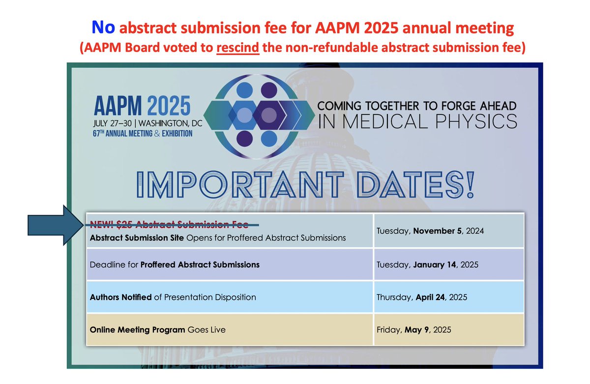 Dr M. Mahesh (ಮಹೇಶ್) (he/him/his) (@mmahesh1) on Twitter photo Welcome members and non-members of <a href="/aapmHQ/">American Association of Physicists in Medicine</a> to submit abstracts for the upcoming 67th annual meeting in 2025. to be held in Washington DC
Happy to report that board rescinded the $25 submission fee that was announced earlier.
Please take this opportunity to submit abstracts! Welcome members and non-members of <a href="/aapmHQ/">American Association of Physicists in Medicine</a> to submit abstracts for the upcoming 67th annual meeting in 2025. to be held in Washington DC
Happy to report that board rescinded the $25 submission fee that was announced earlier.
Please take this opportunity to submit abstracts!