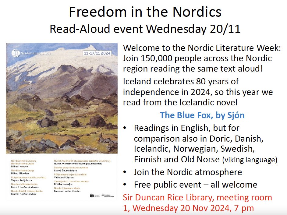 Join us on Wed 20 Nov 7pm in the library (meeting room 1) for a Nordic Literature Read-Aloud! We will hear extracts from Sjón's Skugga-Baldur (The Blue Fox) in English, Icelandic, Swedish, Norwegian, Danish, Finnish and Doric! And we'll hear a response from a fox in Old Norse 🦊