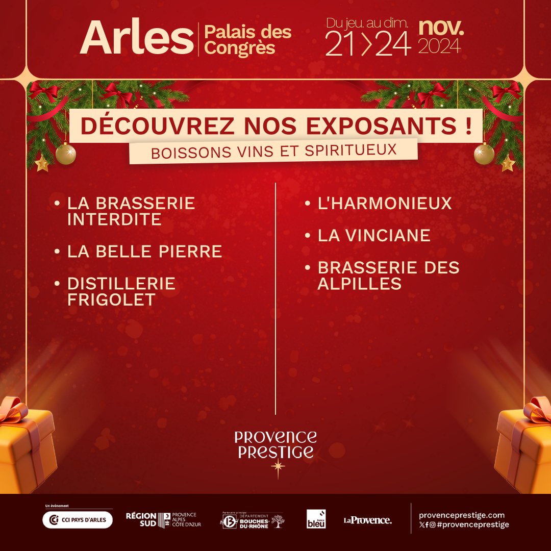 Provence Prestige 2024 : Découvrez nos exposants ! 🎉

Rendez-vous du jeudi 21 au dimanche 24 novembre au Palais des Congrès Arles, pour découvrir l'artisanat provençal 

#ProvencePrestige #BoissonsVinsetSpiritueux #MadeInProvence #Arles #ÉvénementLocal