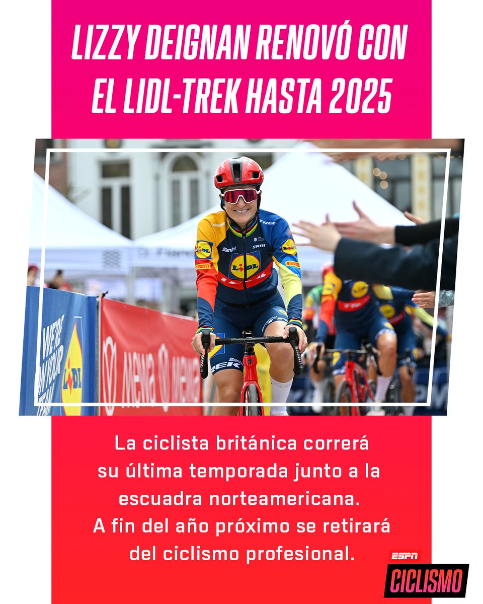 ESPNCiclismo's tweet photo. Lizzy #Deignan se despide del ciclismo profesional en 2025. 🥹
La ganadora de la primera #ParisRoubaix femenina extendió su contrato con el #LidlTrek por un último año. ❤️ https://t.co/x1DzYs6ctO