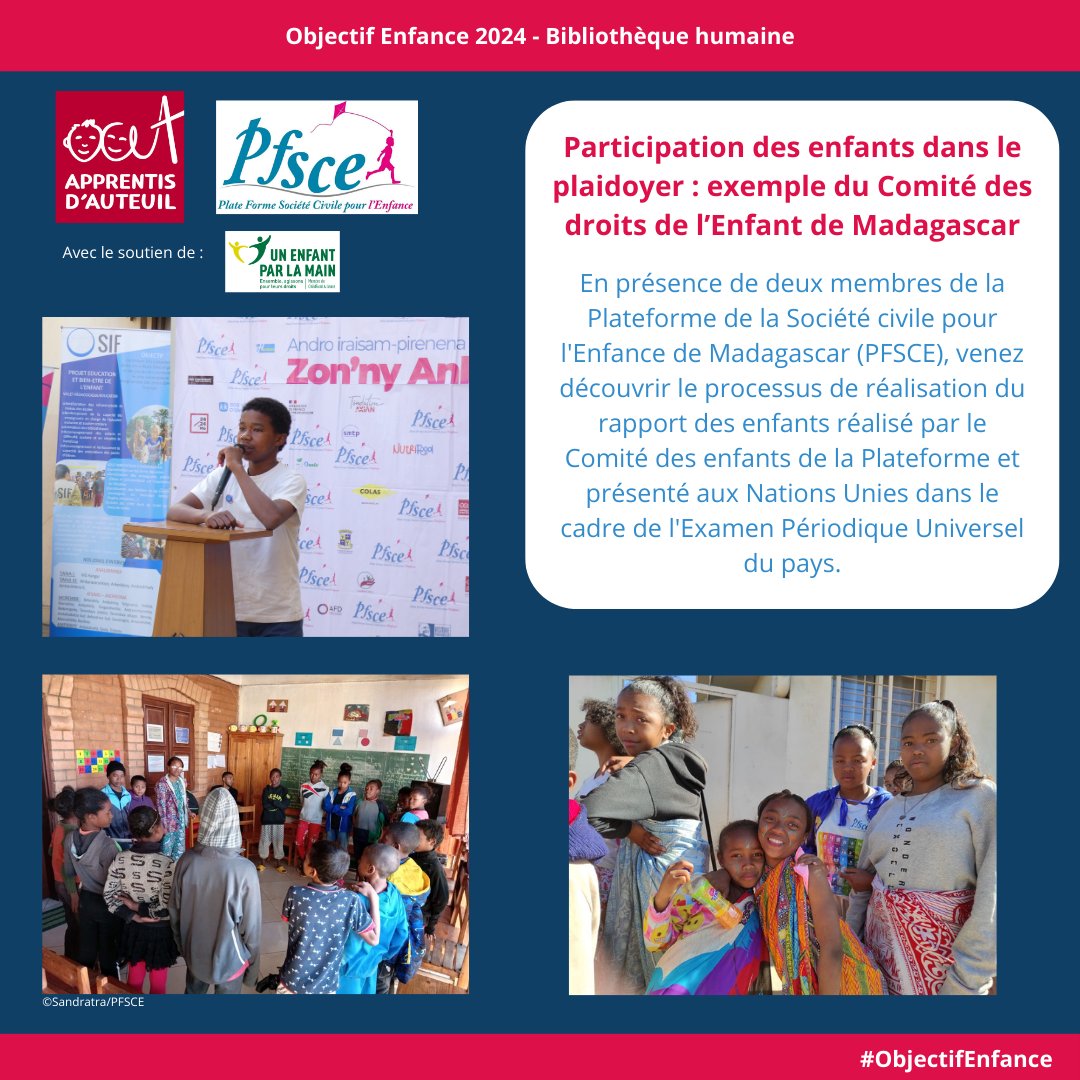 GroupeEnfance's tweet image. [1/2] RDV à #ObjectifEnfance le 27/11 en présence d’enfants &amp;amp; jeunes d’Egypte, Madagascar et Guinée, Hynd Ayoubi Idrissi, Experte du Comité des droits de l’enfant de l’#ONU et @perrinegoulet, Présidente de la @AN_DDEnfants. Au prog : bibliothèque humaine, table-ronde &amp;amp; cocktail👇