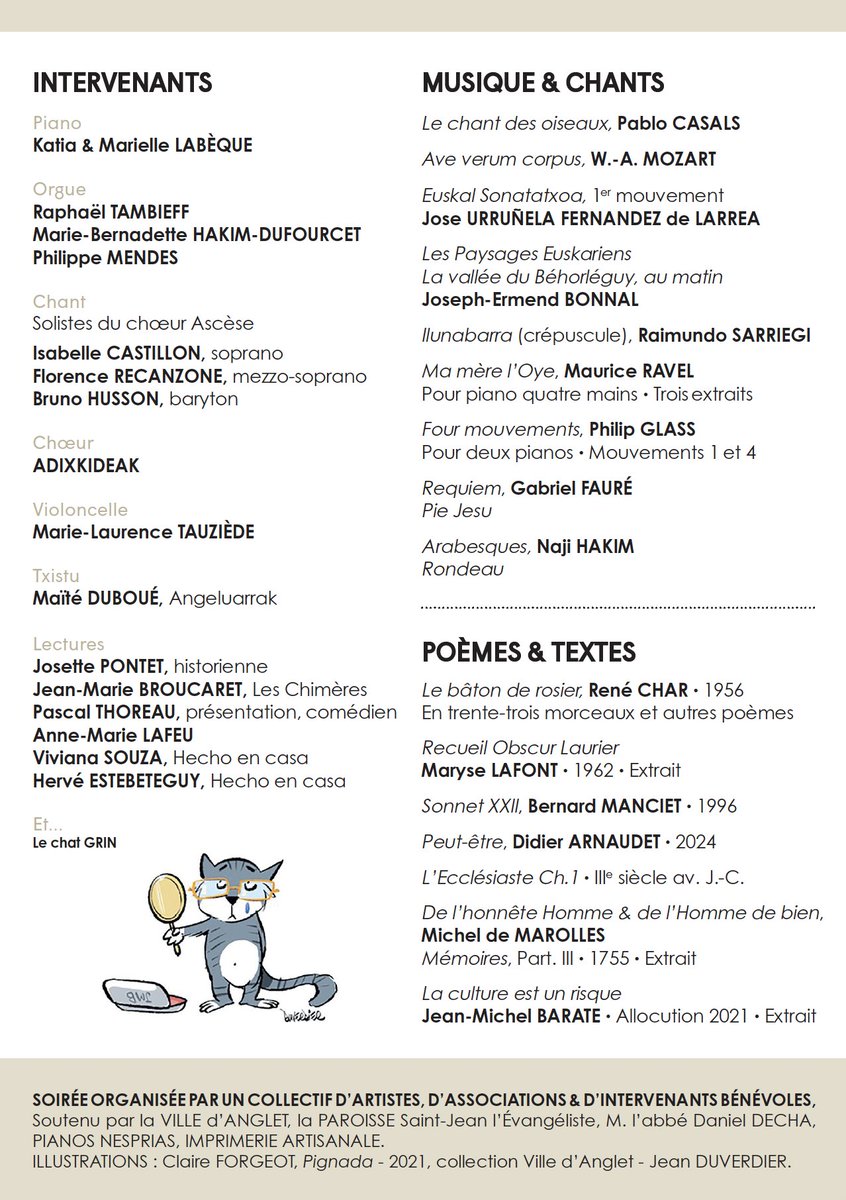🙌Soirée culturelle en dédicace à Jean-Michel Barate
⏰Mar.26/11 à 20h en l'église Saint-Léon #Anglet 
→Entrée libre pour tous
→Soirée conduite par ses amis artistes &amp; proches, des associations culturelles
→Musique, chants, poèmes, textes
ℹ️tinyurl.com/38p98k3a
#VilleAnglet
