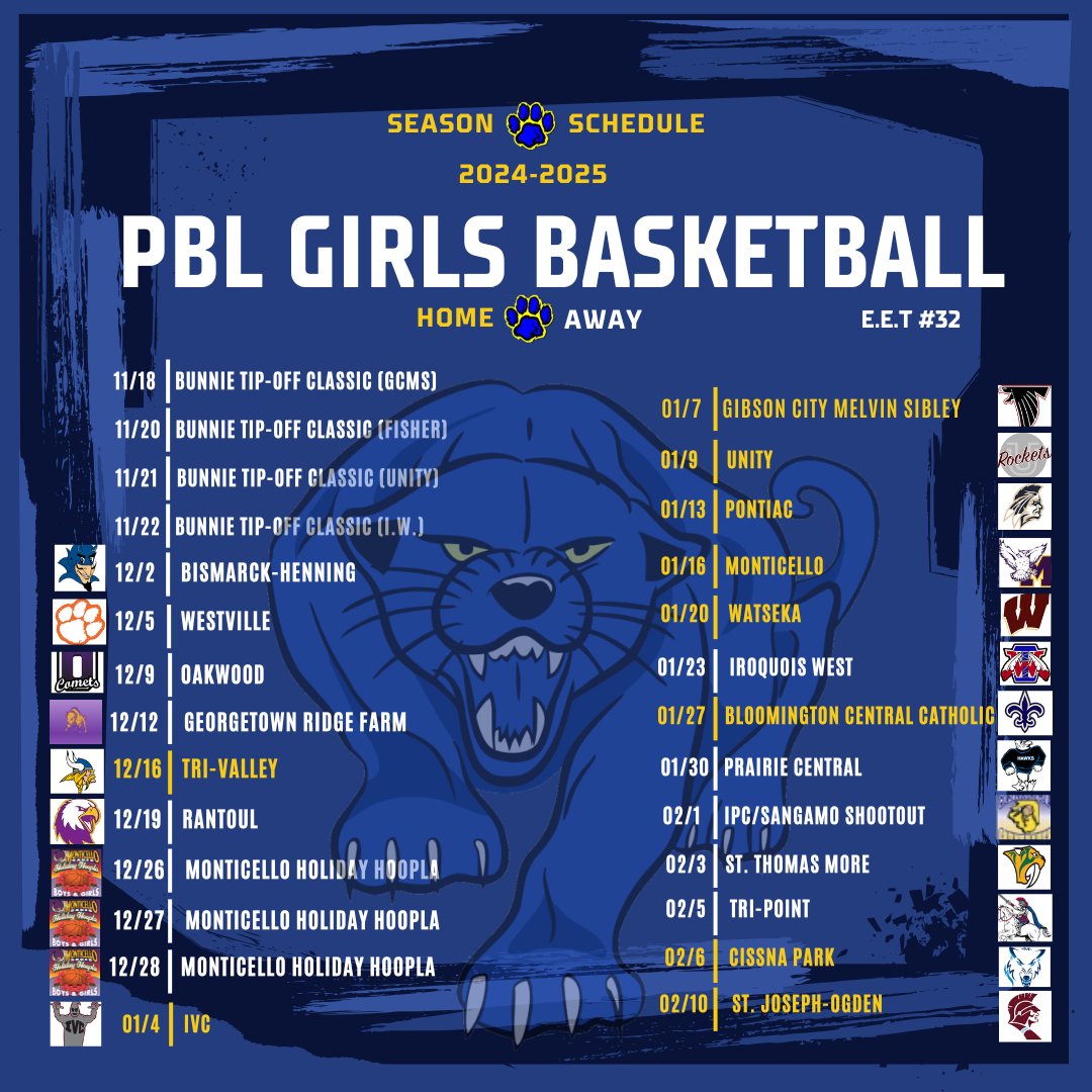 The Paxton-Buckley-Loda (PBL) High School girls' basketball team is set to begin their 2024-25 season on Monday, November 18, with a home game against Gibson City-Melvin-Sibley (GCMS) at 7:00 PM.