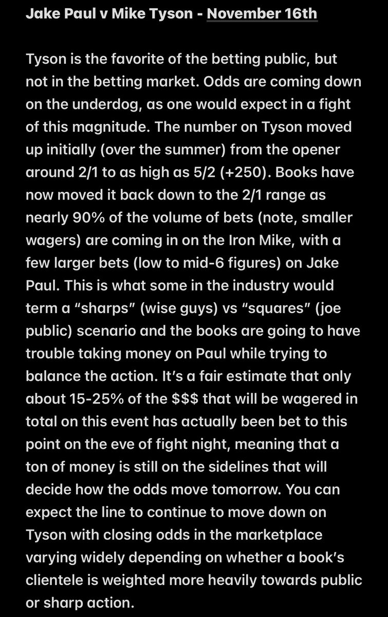 SharpSquarePod's tweet image. Wrote up a fight primer last night discussing odds movement and betting angles for the @JakePaul vs @MikeTyson fight. Hope you enjoy. #PAULTYSON