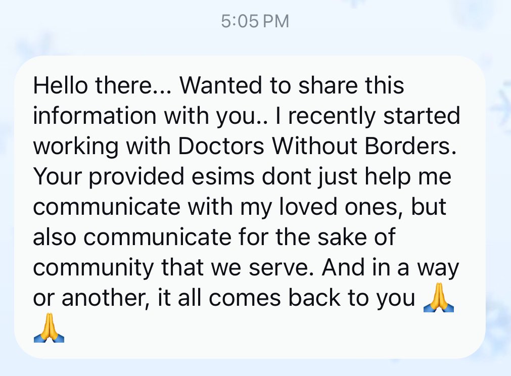 This is what your eSIM donations are doing. You are saving lives. 

We are running low on:

Truely (Israel)
Discount code: TRUELYCNG 

Send a clear QR code screenshot to: 
gazaesims@gmail.com

#ConnectingGaza 
<a href="/Connectinghu_/">Connecting Humanity</a>
