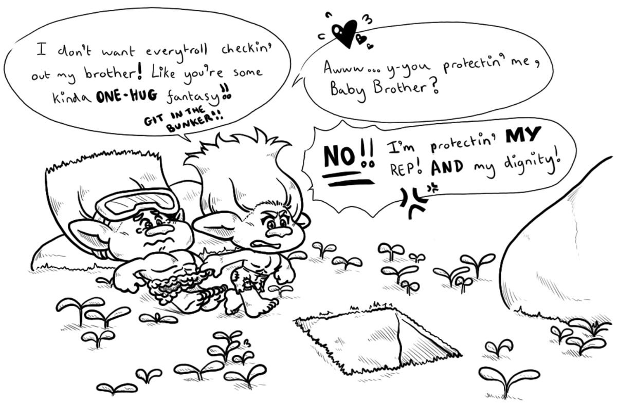 My first and only x.com request for some posing John Dory in a speedo...which I failed. 

Branch has a reputation in Pop Village and doesn't want this to be sullied by any of his family being known as "Raging S'mores", or the Village Go-To for a quick hug.