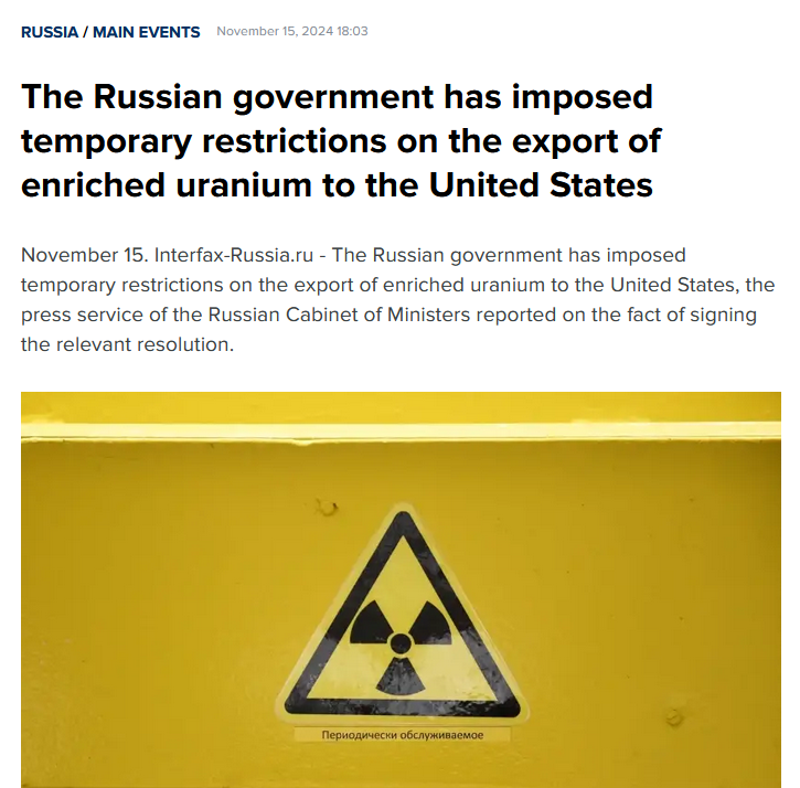 quakes99's tweet photo. Breaking!💥🔨  #Russia has now imposed restrictions on the export of enriched #Uranium to the #USA in response to the US import ban, as per Putin's request made in September. Export ban is said to be temporary but no details yet provided. Boom!🎇🎆😲🤠🐂 https://t.co/QSOU9gH50Z https://t.co/FfHxpaRVhr