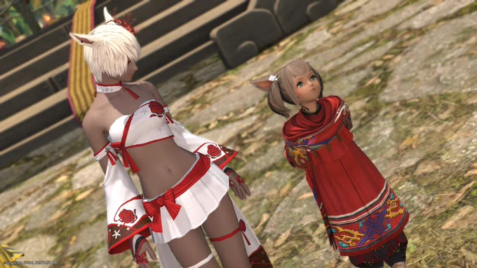 FF14、ペルペル族の友好部族クエストの場所に見える木人がハウジングの庭具に欲しいなー!あと小さいミコッテちゃんが民族衣装を着ていて可愛い 