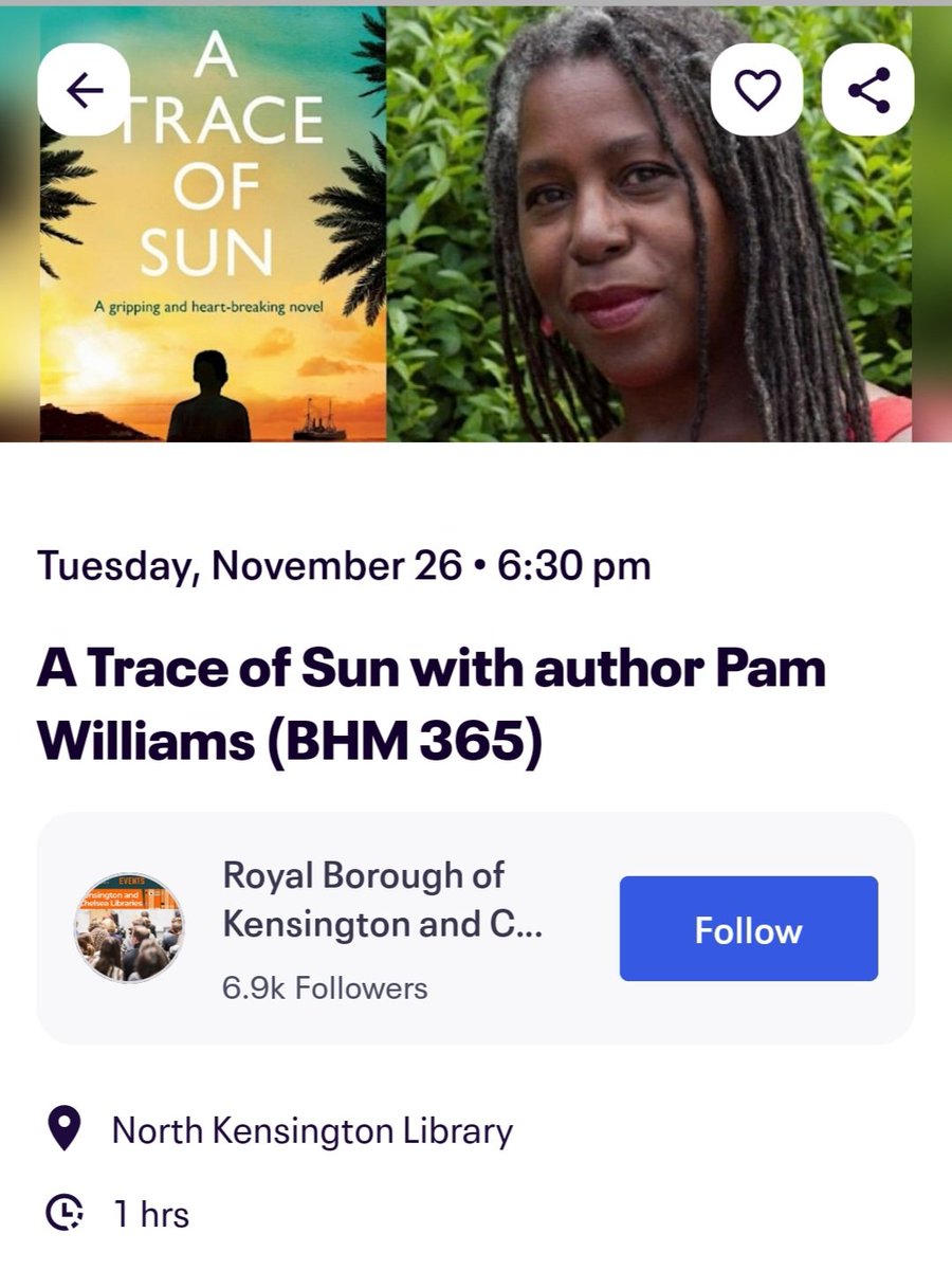 pamwilliamsauthor (@pamwillwrite) on Twitter photo Black History Month events all year round - brilliant <a href="/RBKClibraries/">RBKC Libraries</a> #BHM365 I'll be chatting about #atraceofsun and the trauma of family separation faced by many of the Windrush Generation.
North Kensington Library, London W11 1PZ
Free tickets eventbrite.co.uk/e/105344431329… Black History Month events all year round - brilliant <a href="/RBKClibraries/">RBKC Libraries</a> #BHM365 I'll be chatting about #atraceofsun and the trauma of family separation faced by many of the Windrush Generation.
North Kensington Library, London W11 1PZ
Free tickets eventbrite.co.uk/e/105344431329…