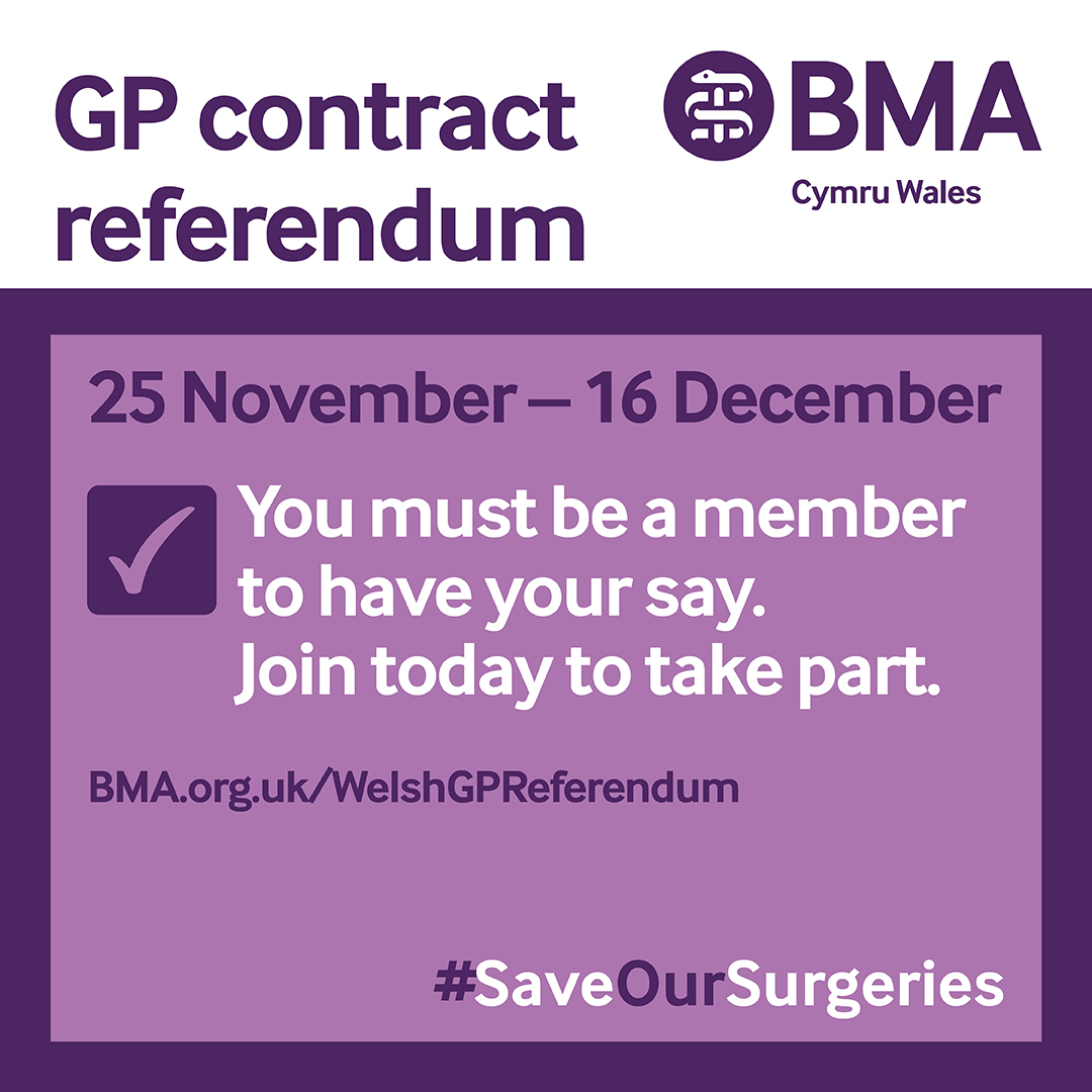 BMACymru's tweet photo. GPs in Wales 🏴󠁧󠁢󠁷󠁬󠁳󠁿

❌GPCW voted unanimously to reject the Welsh Government’s 24/25 GMS contract offer

🗳️From 25th November, members will get the chance to have their say

Read about the offer and the referendum in more detail ➡️https://t.co/Gaw820whpA https://t.co/2SSNbgiv4x