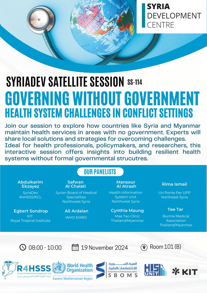 🌏Join us for a session on health governance in conflict zones, focusing on Syria &amp; Myanmar. 

🔗us02web.zoom.us/j/89034607528?…

Password: 874985

We'll make every effort to enable virtual participation via this link.

📅Date: Monday 17th Nov 24

🕚Time: 11pm - 1am (GMT)