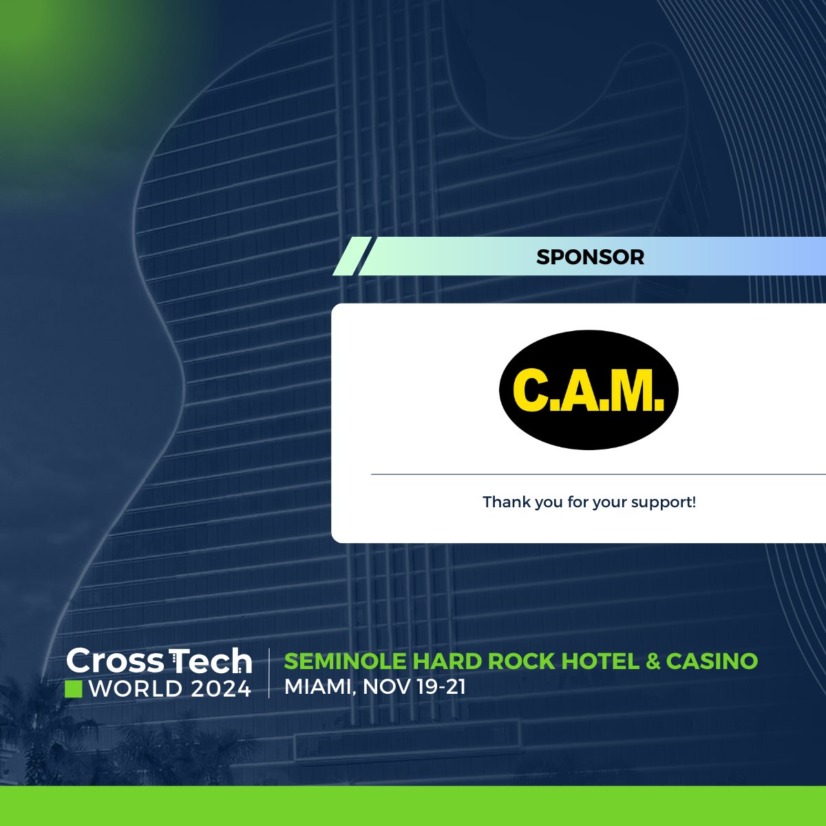 crosstech_'s tweet image. Welcome to another trailblazer sponsor, CAM! ✨

🚀 Register now for CrossTech World 2024 which will take place November 19 - 21 at Seminole Hard Rock Hotel &amp;amp; Casino, Hollywood - Florida 🎸.
crosstechpayments.com/crosstech-worl…

#CrossTechWorld2024 #CrossTech2024 #CrosstechConference2024