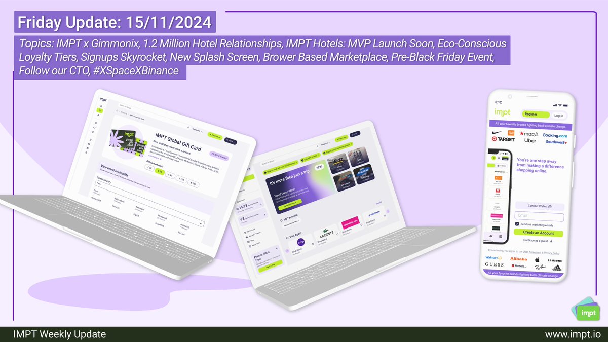 IMPT_token's tweet photo. IMPT Weekly Update – November 15th, 2024: Powering the Green Travel Revolution with Gimmonix!
As we head into the holiday season, IMPT is lighting the way with ground-breaking initiatives, bold plans, and major growth milestones. #IMPTUpdate