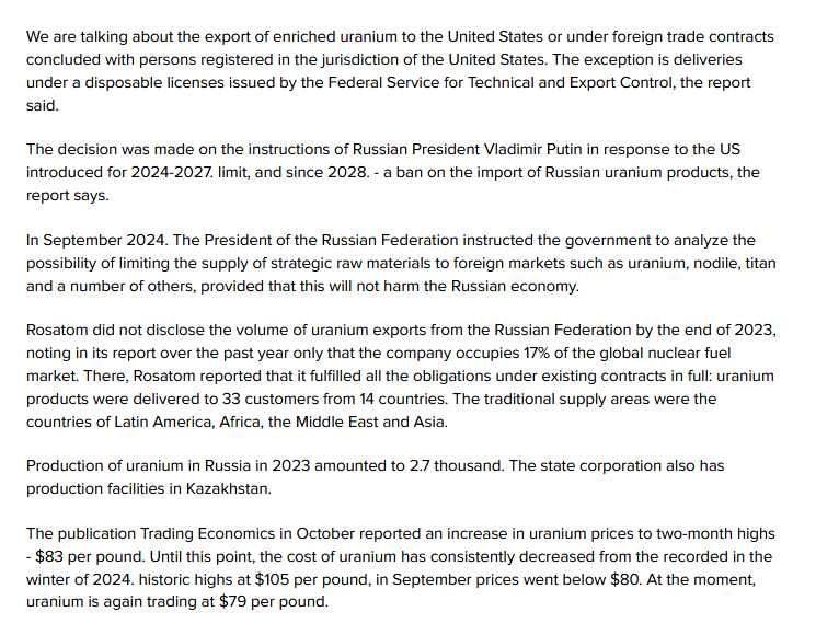quakes99's tweet photo. Breaking!💥🔨  #Russia has now imposed restrictions on the export of enriched #Uranium to the #USA in response to the US import ban, as per Putin's request made in September. Export ban is said to be temporary but no details yet provided. Boom!🎇🎆😲🤠🐂 https://t.co/QSOU9gH50Z https://t.co/FfHxpaRVhr