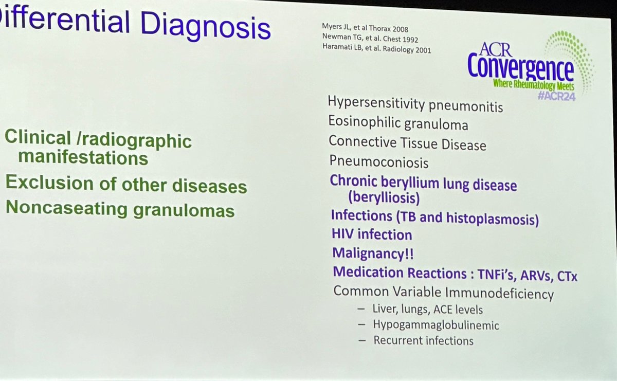 AdelaCastro222's tweet photo. “Sarcoidosis is biopsy supported not proven”
-Dx is clinical with broad ddx.
-Assess organ involvement in all pts.
-Whole body PET can help assess disease activity (not in CNS disease)
-MR brain with pituitary cuts helpful in CNS sarcoid.
#ACR24  @ACRheum @RheumNow https://t.co/prxXycUY3l