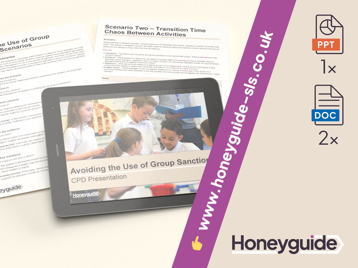 New Behaviour CPD Course Alert! 🚨Group sanctions can have a damaging impact on classroom morale and relationships between pupils and teachers. Upskill your staff with this self-directed CPD pack, including scenarios and ready-to-go PowerPoint. honeyguide-sls.co.uk/products/avoid…