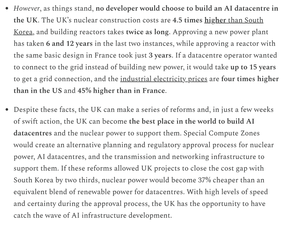 Really great and detailed piece on what it would take for the UK to win in AI infrastructure: tl;dr, get serious about nuclear. We have all the levers we need.