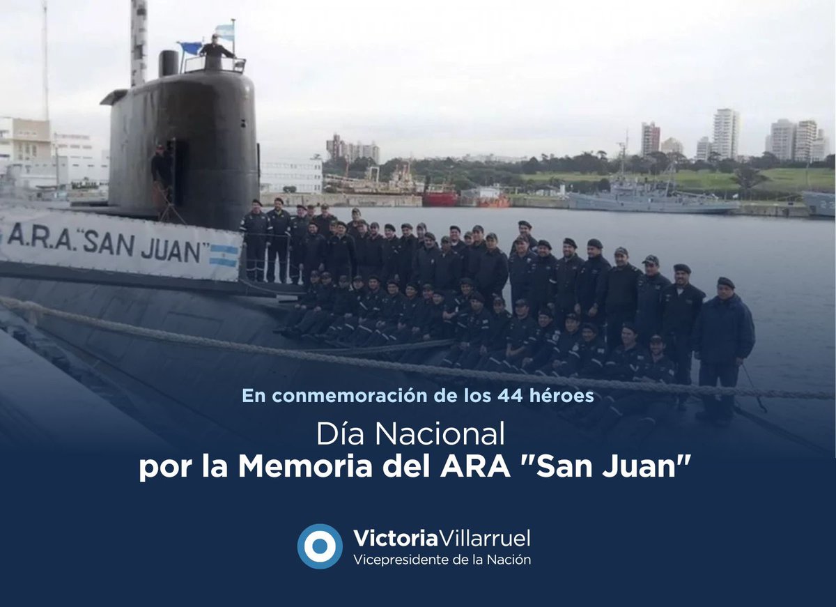 VickyVillarruel's tweet photo. En recuerdo eterno de los 44 marinos de la tripulación del ARA San Juan que custodian nuestro mar. Esta Vicepresidente no los olvida nunca, como nunca olvida que nuestro mar e Islas del Atlántico Sur están regados con su sangre. Que llegue el día que la Justicia impere y la Verdad sea conocida por todos. ¡Tripulación del ARA San Juan descansen en paz! 🇦🇷