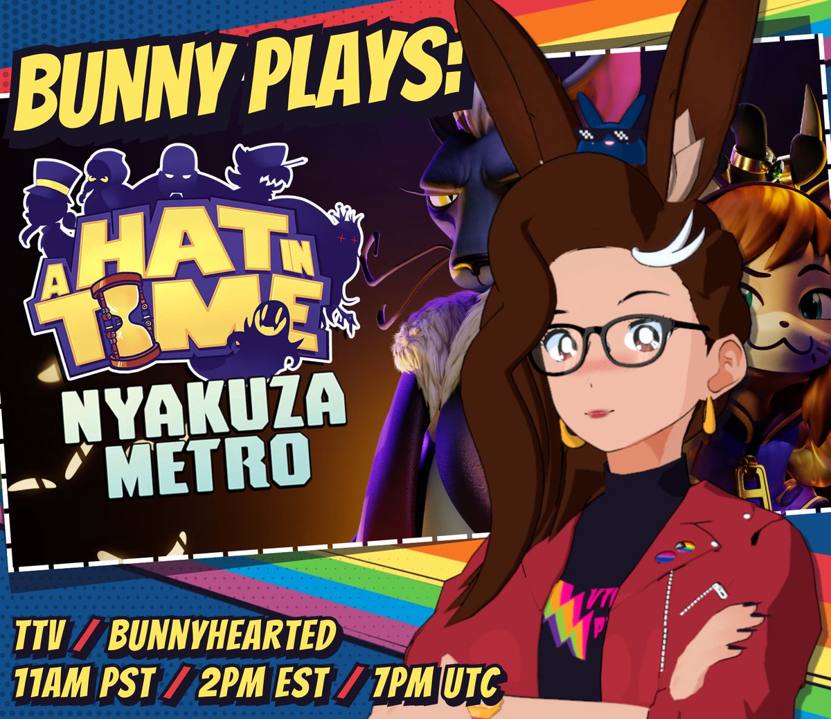 Ohh? Well look what the cat dragged in: it seems like this villainous retro buny has joined... The Nyakuza!! 🙀 

(A Hat in Time continues in ~4hrs! We're doin' cat crimes 😼). #ahit #vtuber