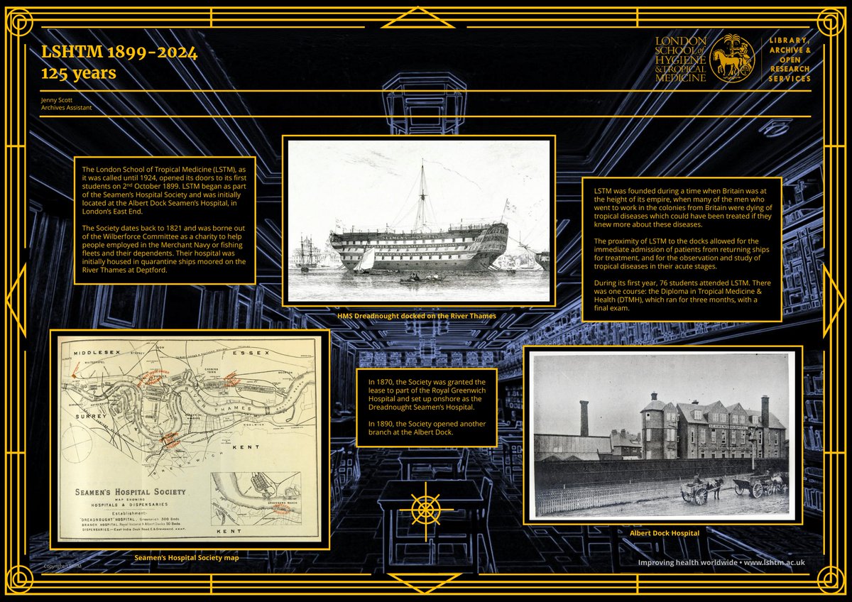 LSHTMlibrary's tweet photo. LSHTM 1899-2024: 125 years of Library services.  Come and see this new exhibition in the @LSHTMlibrary foyer.  View monographs from the Historical Collection alongside 3 posters detailing the history of @LSHTM  and @LSHTMlibrary collections. https://t.co/mau0aoSvp2 https://t.co/rzL5dZiN9E