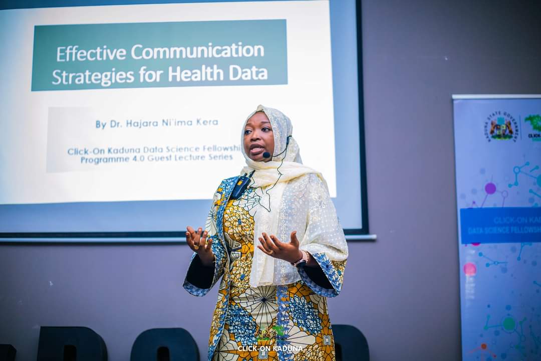 ClickOnKaduna's tweet photo. The recent DSFP 4.0 guest lecture on "Transforming Health Data Communication" with Dr. Hajara Ni'ima Kera emphasized the importance of presenting health data in a way that drives meaningful action. Fellows were encouraged to simplify their messaging through executive summaries, policy briefs, and visual tools like bar charts, making it easier for policymakers to understand and act on the insights. 
The session also addressed potential challenges in communicating data effectively and provided strategies to overcome them. Fellows learned the value of connecting health data to larger narratives and ensuring their communication focuses on impact and relevance. 
#ClickOnKadunaDSFP #DataScience